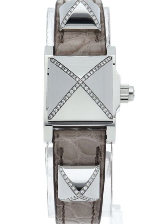 Hermes Mini Medall Diamond Watch Box SS Leather White Polished main image 6